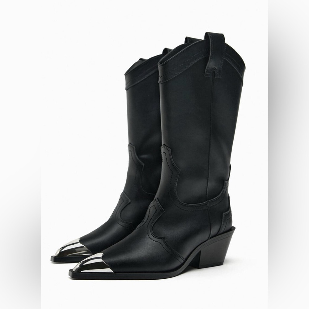 Zara Black Leather Western Heeled Boots with Silver Toe Caps
